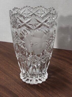 Imperlux 24% Lead Crystal Vase With Etched Frosted Floral Pattern VTG 80s